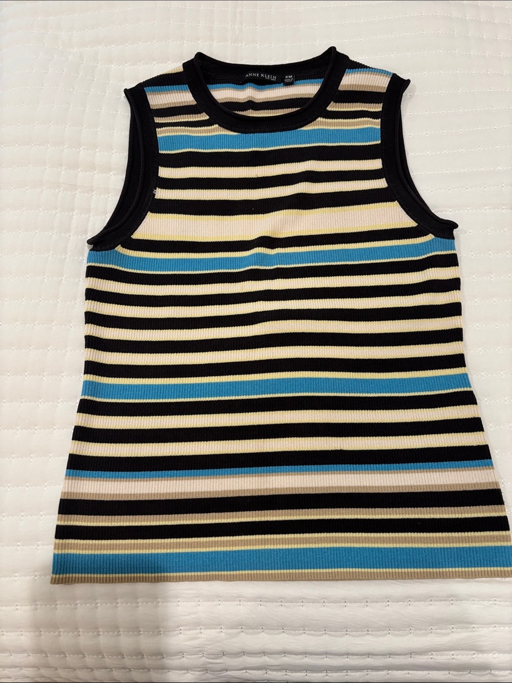 Anne Klein Sleeveless Striped Ribbed Tank - Black, Cream & Blue